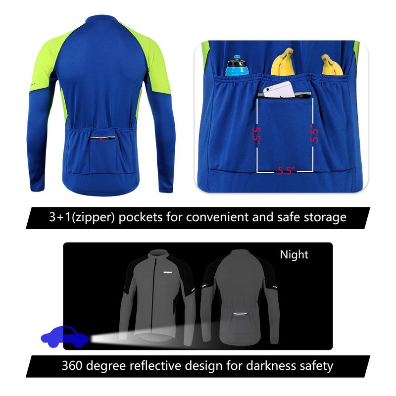 BERGRISAR Men's Basic Cycling Jerseys Long Sleeves Bike Bicycle Shirt Zipper Pockets BG012 Dark Blue Size X-Large - Image 5